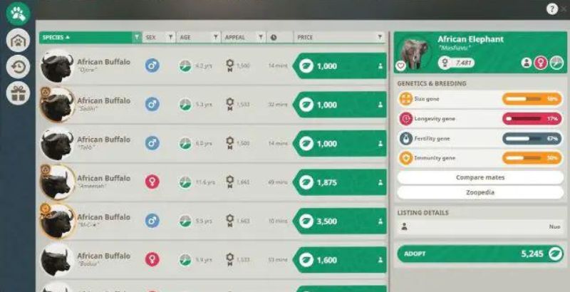 Animal Trading Screen