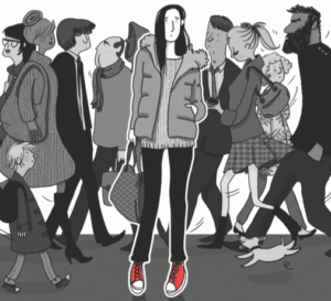 Invisible Differences: A Story of Asperger's, Adulting, and Living A Life In Full Color. Under red text a woman stands facing front. Behind her a crowd of people walks in various directions.