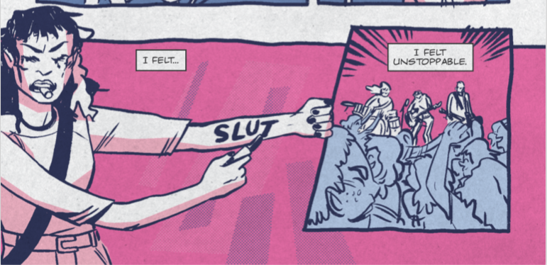 Val holds her arm out and writes the word "slut" with lipstick