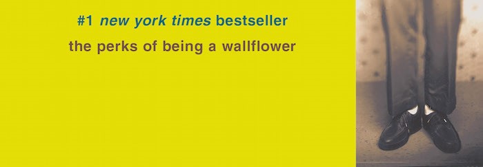 Blue text reads "the new york times bestseller." Underneath, brown text reads "the perks of being a wallflower." In the right corner is a photo of someone's legs. Banned Books Week