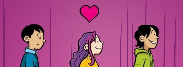 Three children walk across a stage. A pink heart appears over the head of the girl in the middle. Banned Books Week