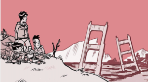 Ginny and her brothers stand on top of a hill overlooking a sunken bridge.