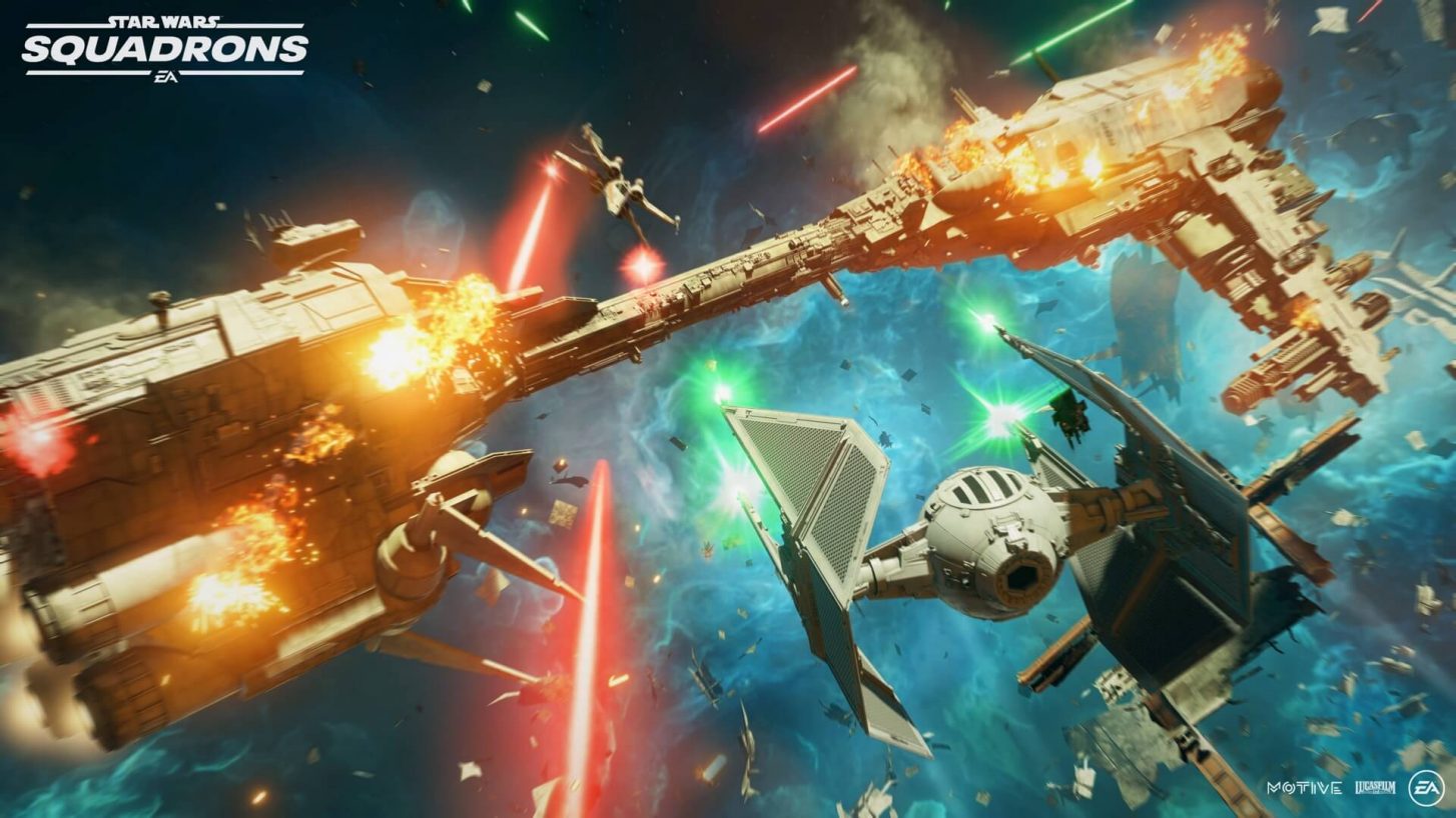 A TIE Interceptor, facing an X-Wing over a flaming medical frigate, Star Wars Squadrons Multiplayer