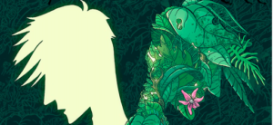 The silhouettes of two boys are back to back. One is colored in with a pale yellow, one is filled in with plants.