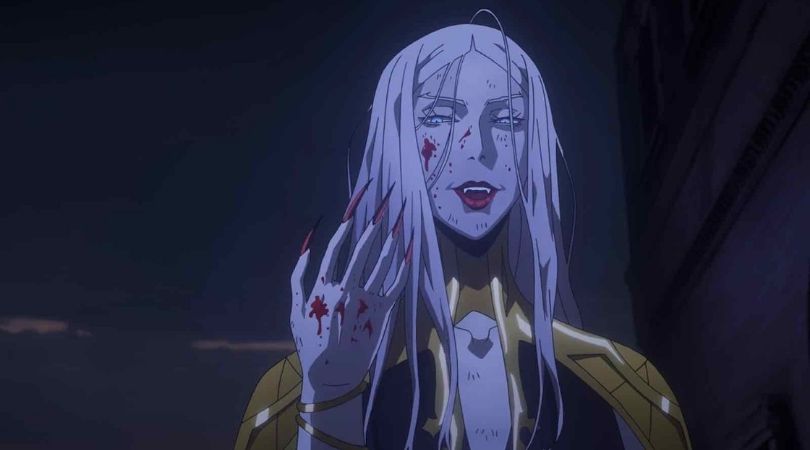 Carmilla in Castlevania season 2 after beating Hector to a pulp covered in his blood.