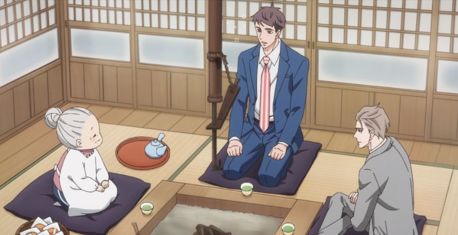 Shirosaki's Grandma, Momose, and Shirosaki in My New Boss Is Goofy Episode 8