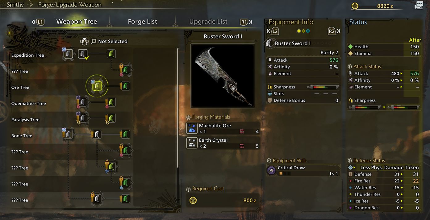 Monster Hunter Wilds Smithy Menu.