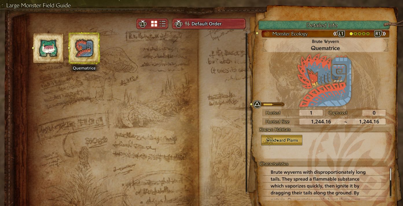 Monster Hunter Wilds monster information menu screen.