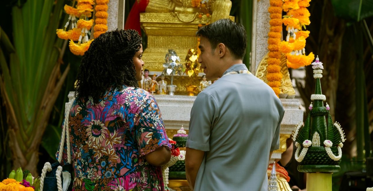 Natasha Rothwell and Tayme Thapthimthong in The White Lotus Season 3 Episode 1