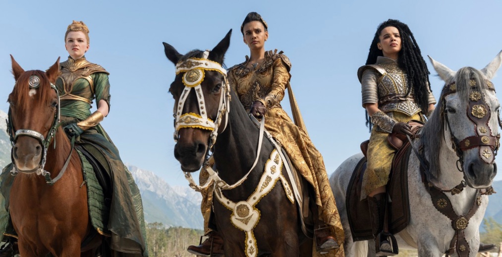 Elayne, Egwene, and Nynaeve on horseback in The Wheel of Time Season 3 Episode 1